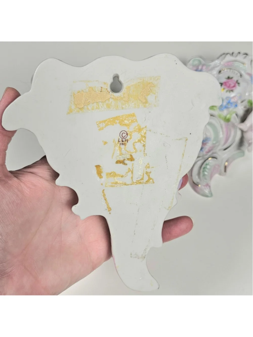 Vintage L&M Inc Porcelain Cherub Wall Pocket Vases Pair Pink Rose Flowers Gold